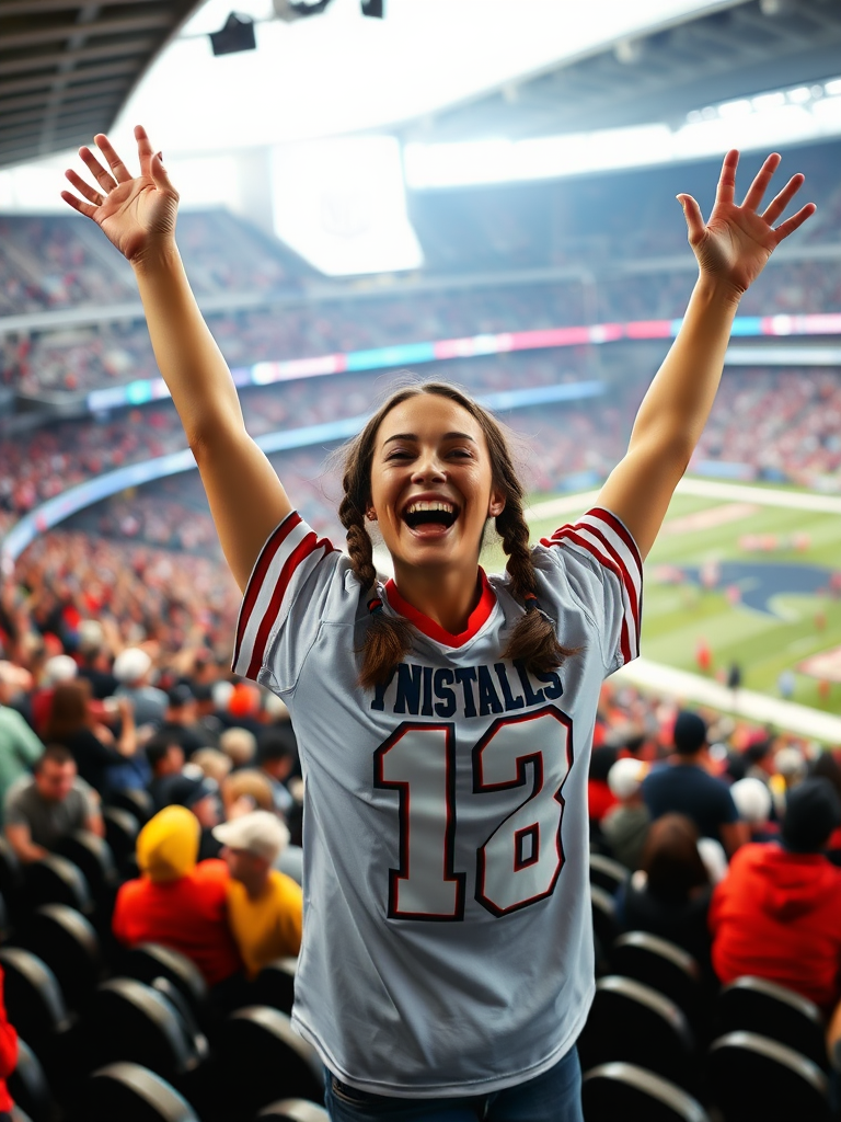 Very attractive, female NFL fan, pigtail hair, jersey, hollering, arms raised, jumping inside crowded bleacher, NFL stadium