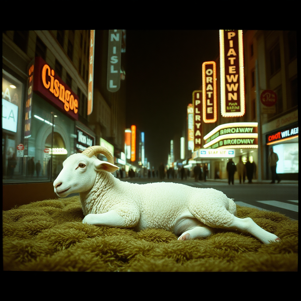 Highly detailed Kodachrome color real surrealist photograph from 1974 of And the lamb lies down on Broadway