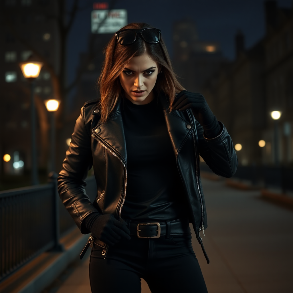 A beautiful angry female burglar in black leather jacket over black t-shirt with black pants and gloves in Manhattan park at night.