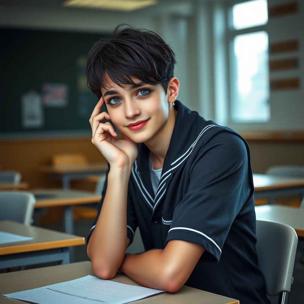 photorealistic, ultra high resolution, 16K, surreal fantasy, soft studio lighting, a pretty 17 year old goth male, slim male physique, short dark hair, blue eyes, goth makeup, earrings, sheer pantyhose, UK girls-school uniform, Mary-Jane shoes, sitting in the classroom, excited smile, facing the camera.