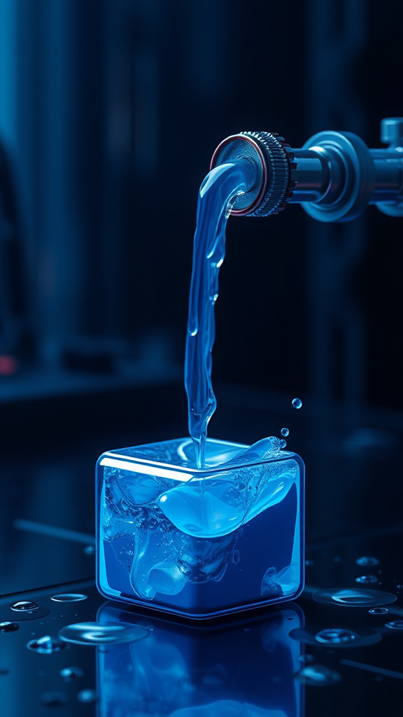 The image of extracting liquid from a secondary battery and regenerating it, express it as a realistic image with 3D rendering, express the background as a cybernetic and mysterious image, and express the overall color as dark blue.