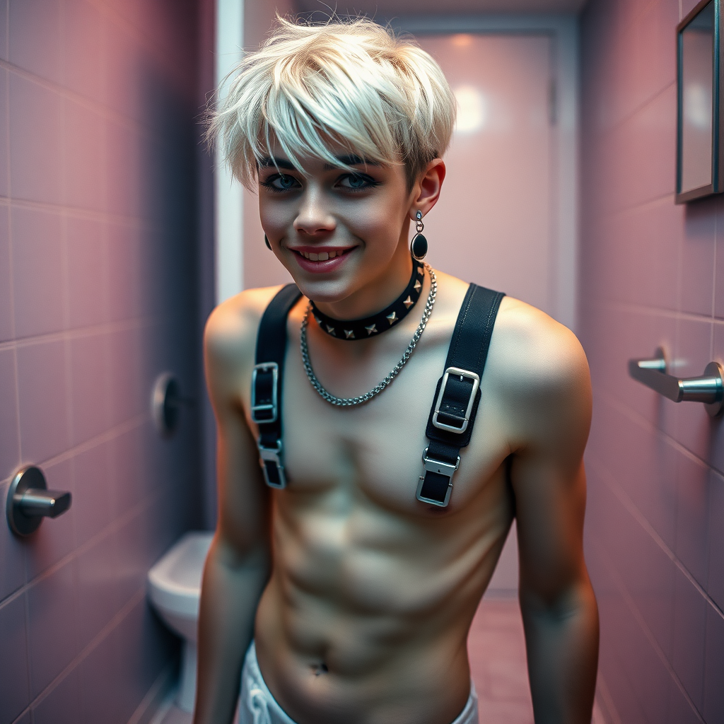 photorealistic, ultra high resolution, 16K, surreal fantasy, studio lighting, a pretty 16 year old goth boy, slim male physique, short blonde hair, goth makeup, earrings, pantyhose, harness, spikey dog collar and leash, trainer-bra, white ballet shoes, in the bathroom, excited smile, facing the camera.