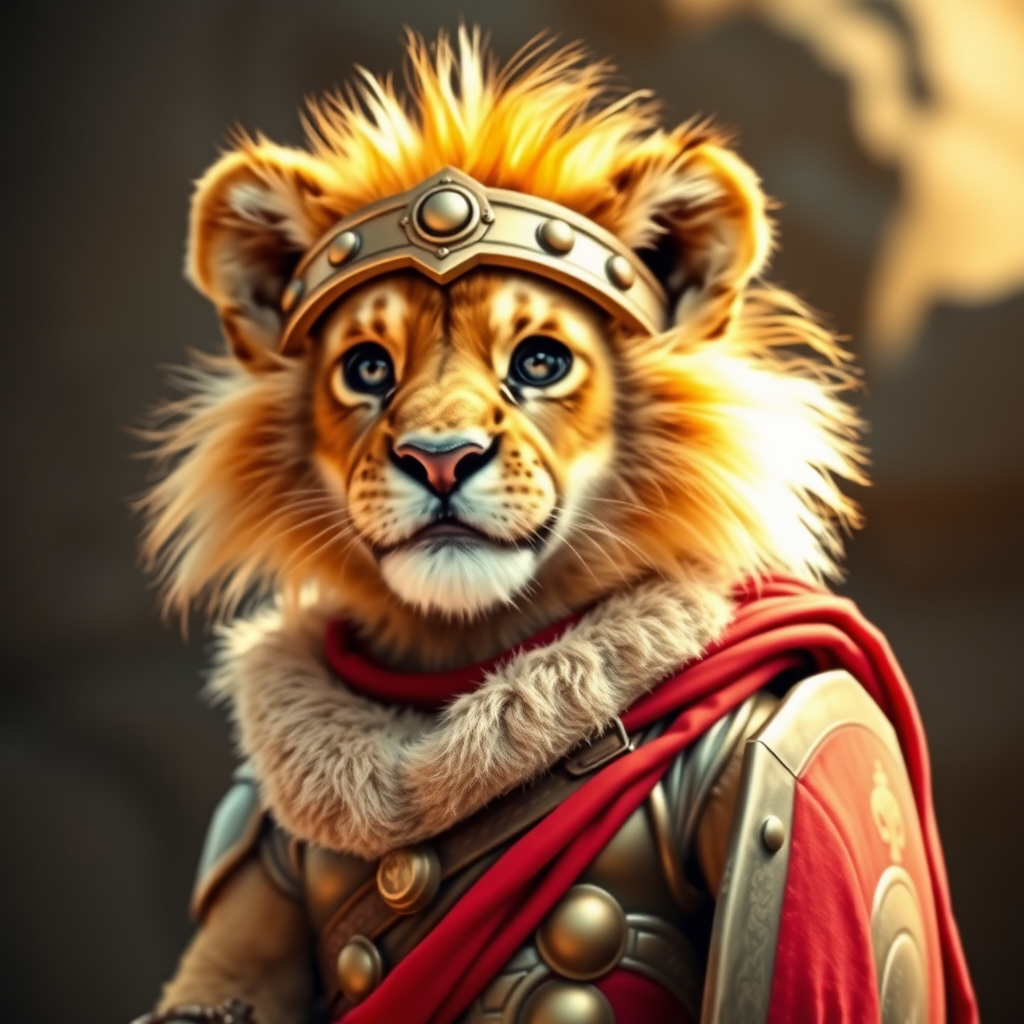 Lion cub dressed as a Roman soldier