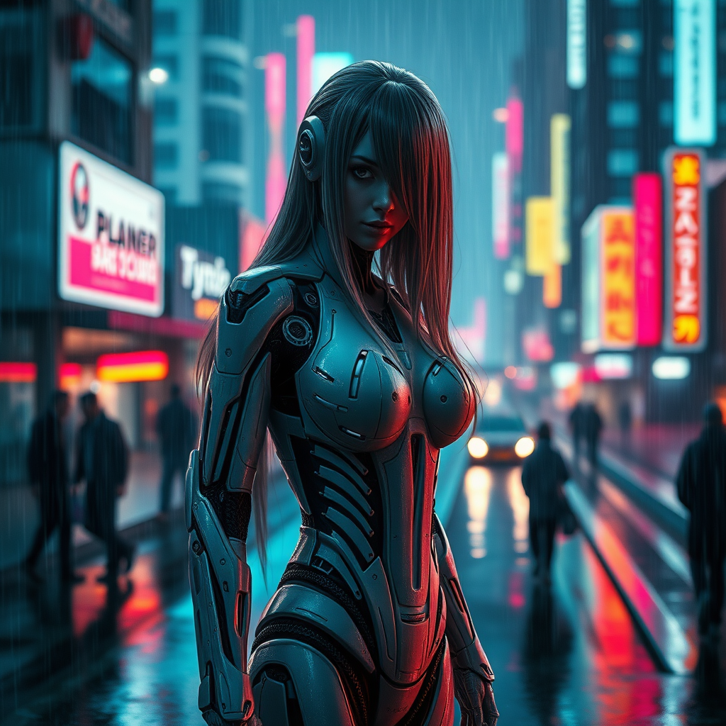 Create a photograph of a cyborg with the following characteristics. 

Cyborg design: Female gender. Standing. Long hair on head.

Scene: Futuristic. Cityscape. Neon lighting. Night time. Heavy rain.

Composition: Cyborg in foreground. The cyborg is facing forwards. Full view of cyborg. City in the background.