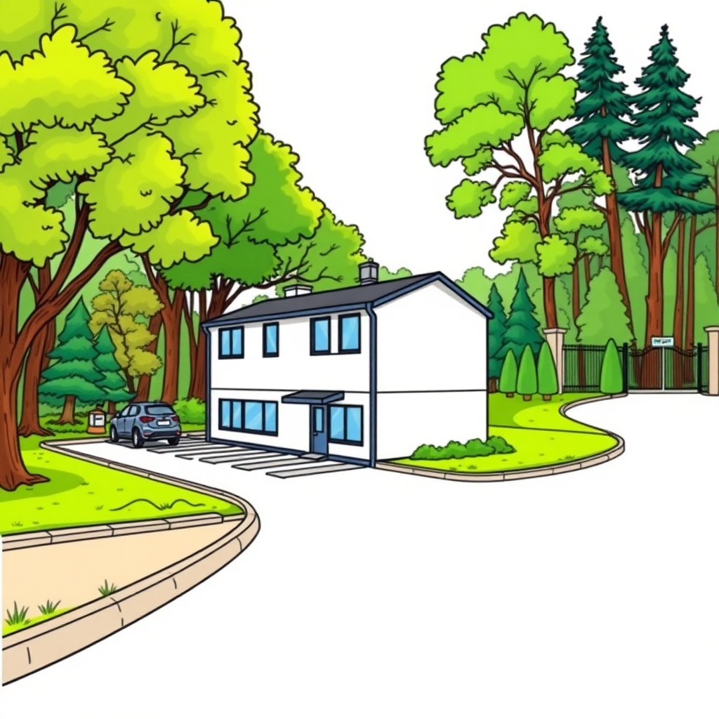 at the back of a small 2 storeys office building on the left in the foreground, a small company parking lot on the left behind the building, borders, trees, lawn, wood outskirt on the right, company gate in the background, colorfoul image long establishing shot, 2D, caricature, cartoon, Sketch lines, coloring book, coloring book style on white background, well composed, clean coloring book page, No dither, no gradient, strong outline, No fill, No solids, vector illustration, realistic proportions, left side view