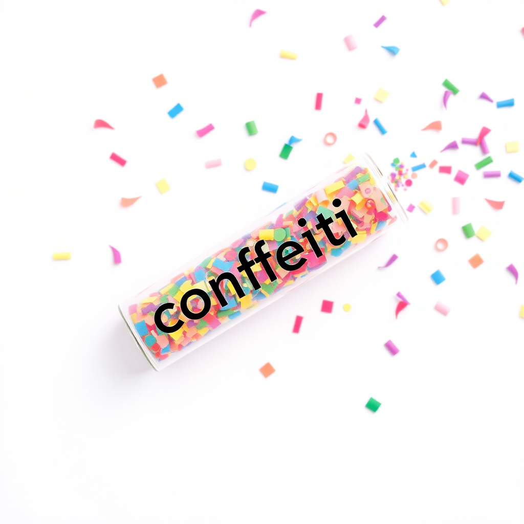 colorful confetti popper tube with text "confetti" on it