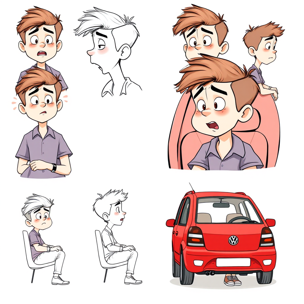 multiple views with progression, character design sheet, short, excited, embarrassed, sweating, 15 year old european boy, detailed features, sitting inside a red VW Polo III long establishing shot, 2D, caricature, cartoon, Sketch lines, coloring book, coloring book style on white background, well composed, clean coloring book page, No dither, no gradient, strong outline, No fill, No solids, vector illustration, side view, vector illustration, empty space around each view, movement lines