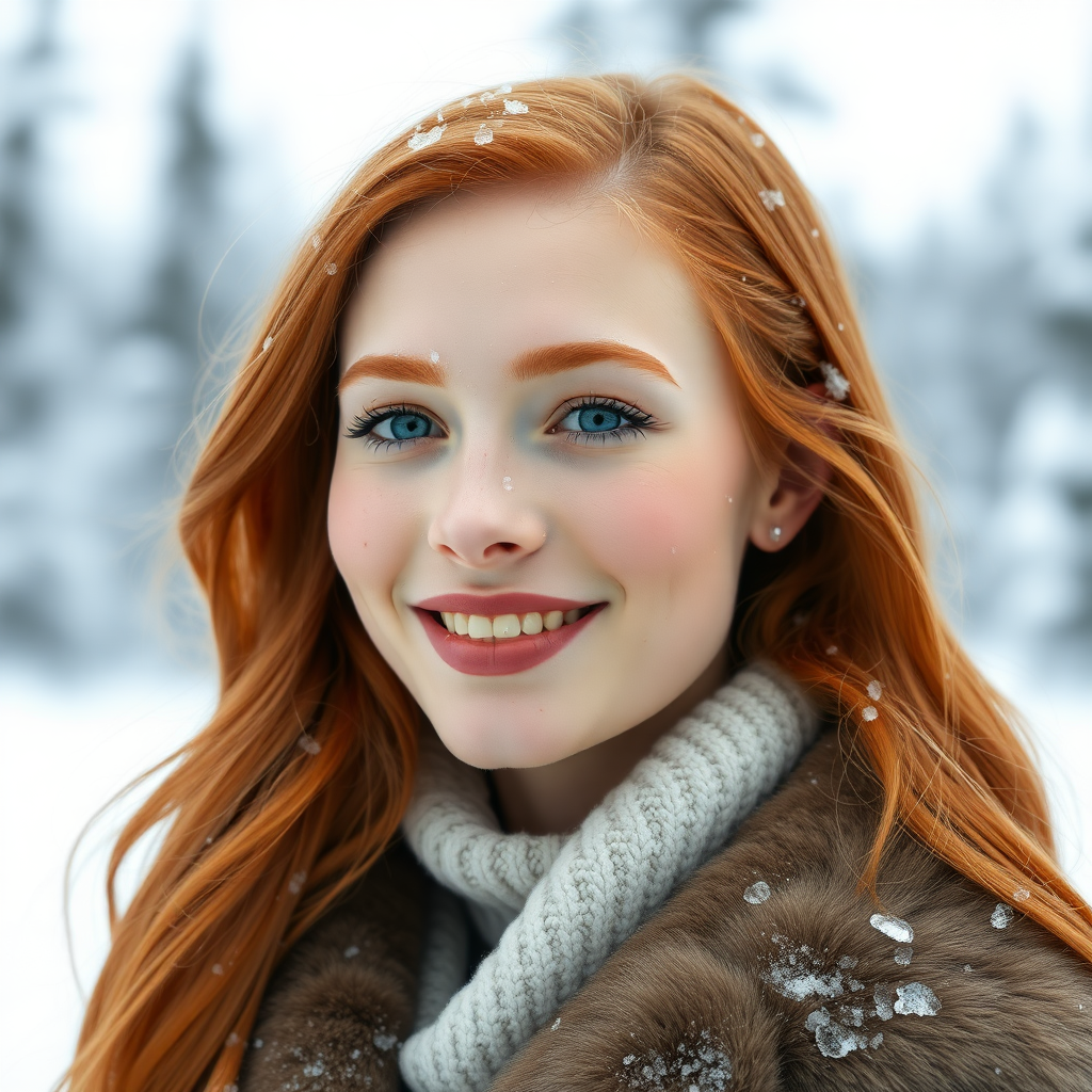 beautiful young elegant woman with ginger long hair, full lips, pale skin, on Alaska smiles in the snow