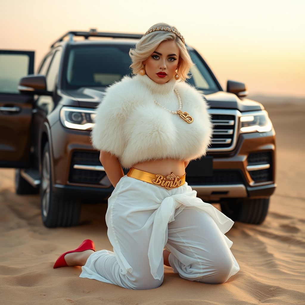 Kuwait desert dunes misty dawn, full size luxury SUV: Melissa, European 17 years old very convincing femboy “trophy-bimbo”, tamed servile docile, very beautiful feminine flawless face, rather short, by hormones very curvaceous womanly figured, platinum blond short tight curls, bold red lips, heavily made-up face, wearing Supertanya-style fluffy very fuzzy bright white angora turtleneck-poncho cropped ending under bust decorated with pearls and gemstones, striking oriental wide gold bridal protection belt, white fully transparent harem pants, bright red pumps with golden very high heels, full Oriental bridal jewelry including headpiece, nose-ring, coin anklets, striking diamond “Bimbo” letter brooch on left chest, pout frustrated, hands tied behind back, kneeling in sand in front of SUV, looking at camera. Focus on face and turtleneck-poncho.