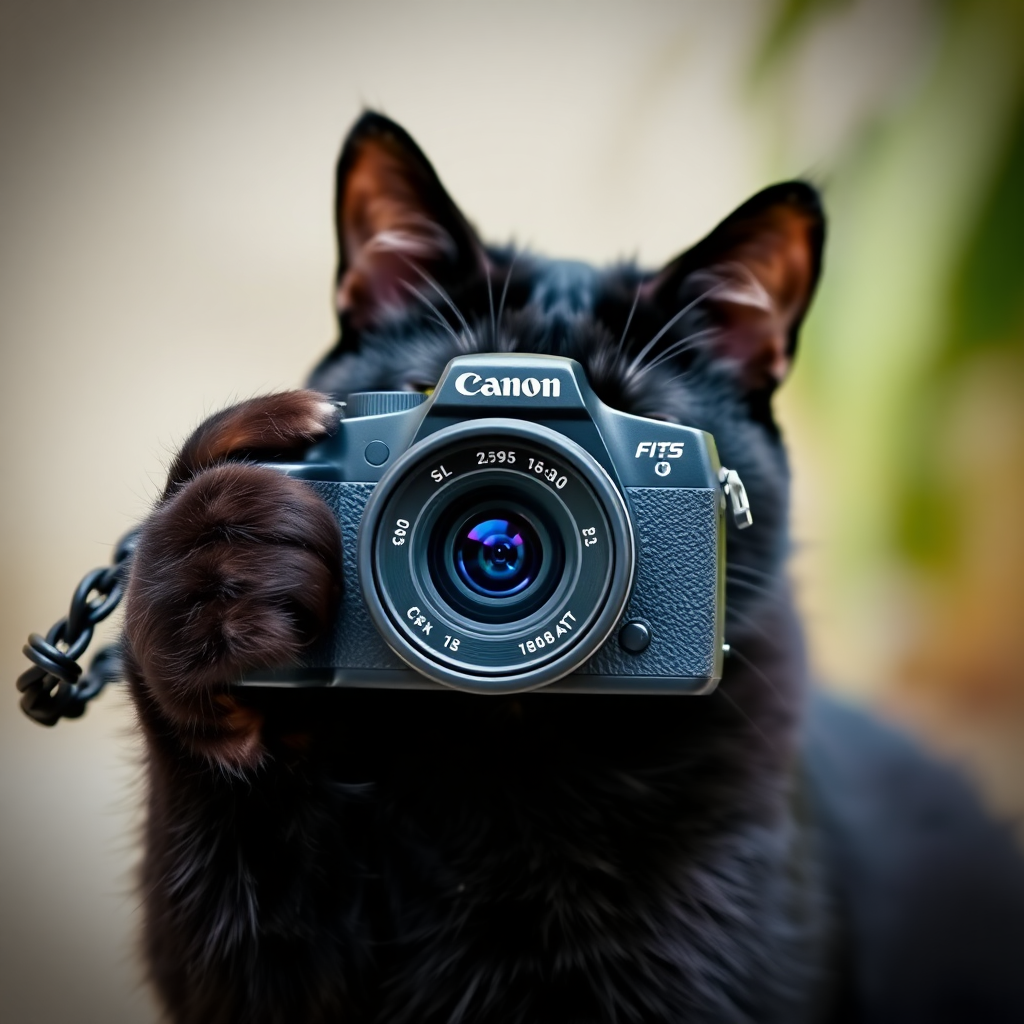 A black cat is taking pictures with a camera named "Canon".