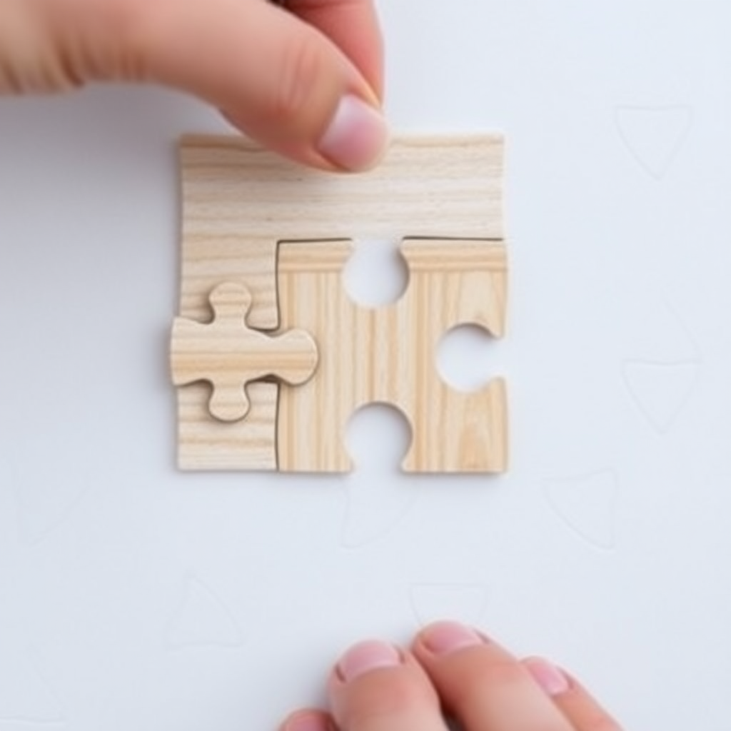 Create an image of a wooden puzzle that is missing one piece. Someone is trying to fit an unsuitable puzzle piece into the missing spot.