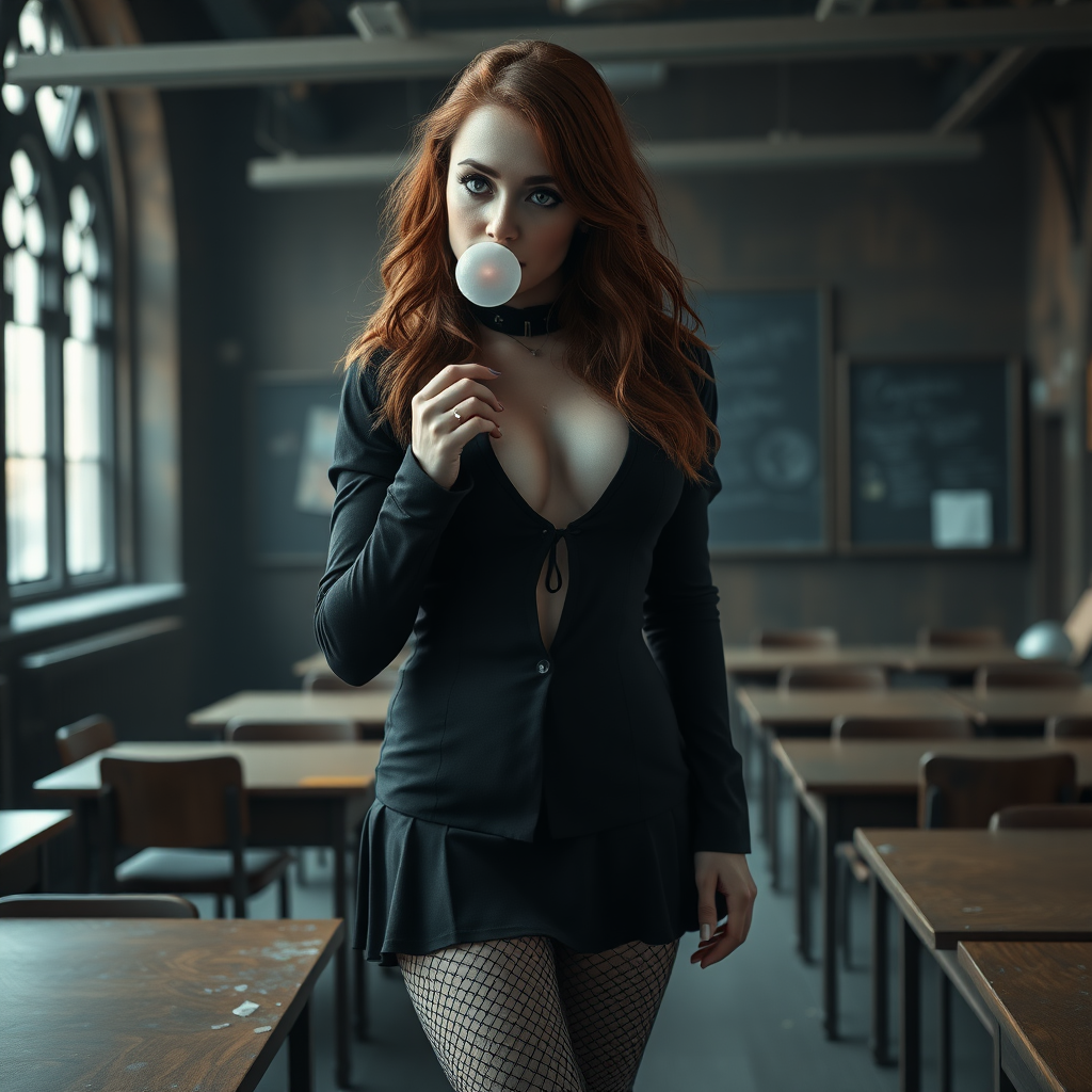 Hermione Granger in goth clothes, brown hair, seductive, bubble gum, black eyeliner, fishnets, high heel boots, revealing Hogwarts uniform, cleavage, full body shot, erotic, teasing, dark moody abandoned Hogwarts classroom in background, photorealistic, ultra high resolution, 16K