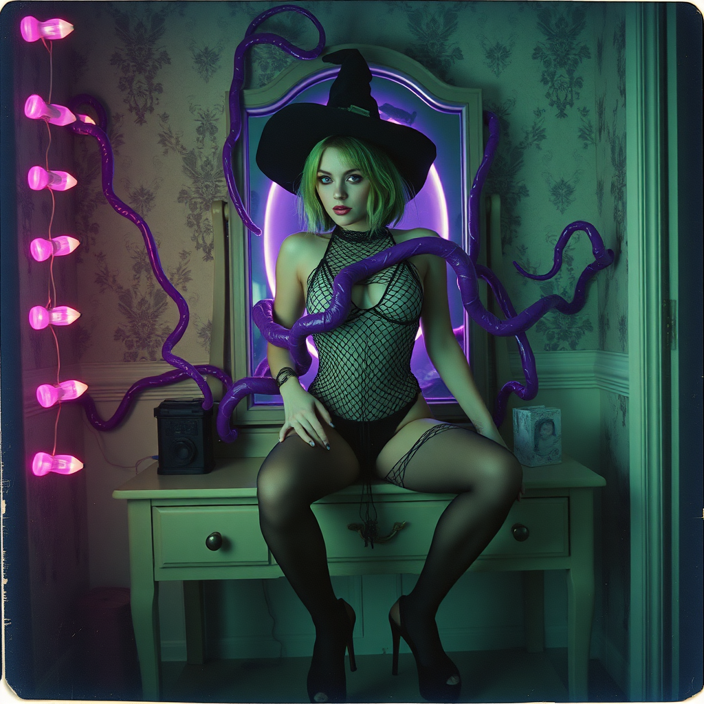 Scan of an nsfw old polaroid photograph with visible wear and heavy vignetting and blue color tint and light leaks, depicting a sexy pale curvy alt goth girl with green hair wearing skimpy fishnet black bodysuit and gstring revealing her nipples and wearing black stockings and high heels, sitting on a builtin vanity with mirror in old house with wallpaper on walls with her knees spread apart.  Camera flash used.  Dark lighting.  Moody and hazy.  Grunge look.  Erotic.  Nude. Pink Christmas Lights on wall.  She is wearing a witch hat and is being restrained by giant glowing translucent slimy jello like purple vines dripping goo coming from inside glowing purple portal in the mirror, wrapping tightly around her arms and legs and torso.  The vines are pulling her back towards the mirror.