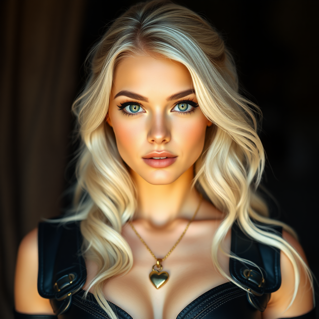 Portrait of a beautiful young woman with long wavy platinum blonde hair, green eyes, a suntan, light brown eyebrows, and large breasts. She is wearing black leather armor and a gold necklace with a small heart pendant.