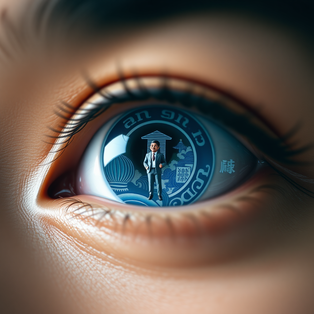 A close-up of eyes with lenses, The eye lens with traditional blue and white design Chinese blue white Design with a miniature man, trying to jump inside the lens looking like well. The composition emphasizes the eyes and its design, with flash lights, retro effect, focused lights, looking up, very closeup, soft skin texture visible.