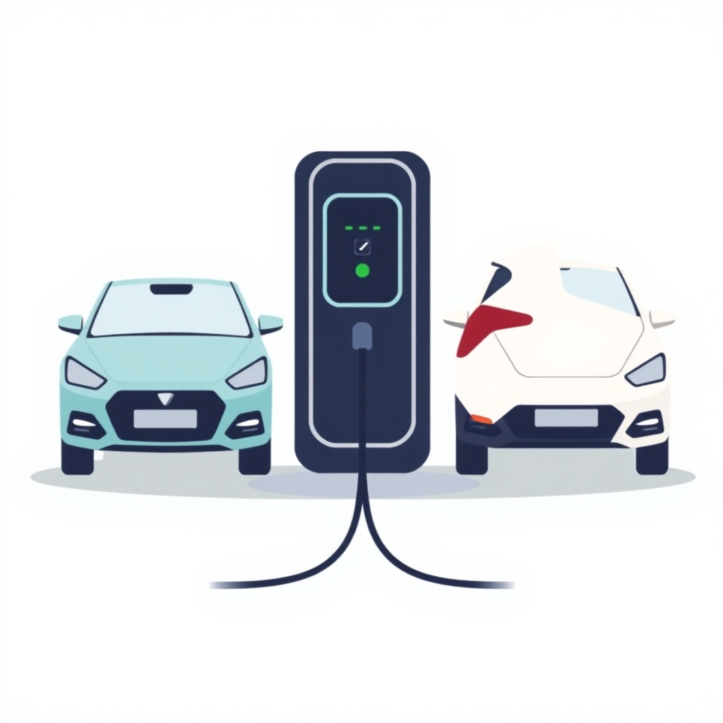 A simple flat illustration of an EV charger with two cars connected, one on each side, symmetrical.