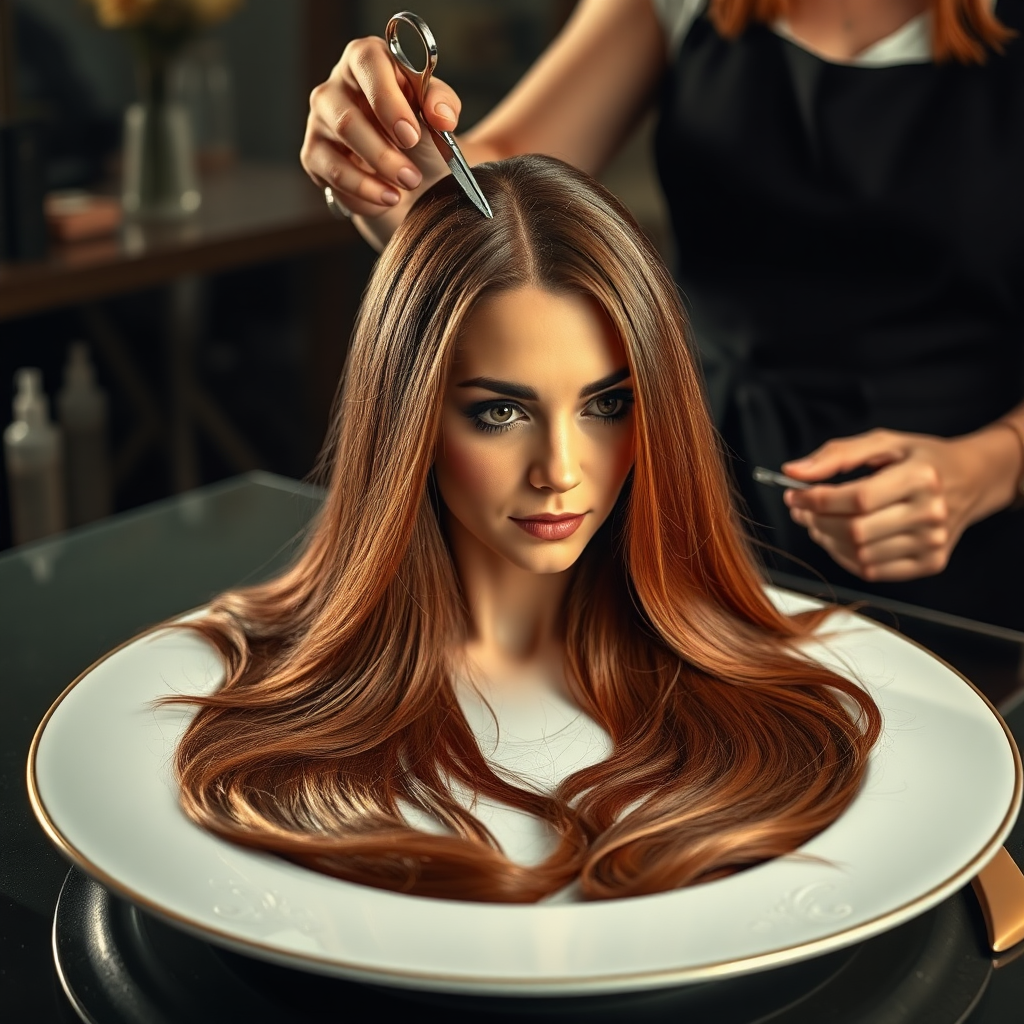 In a bizarre, surreal tableau, the polished surface of an elegant dining plate cradles the disembodied head of a strikingly beautiful Kate Middleton, her long, flowing hair cascading like a glossy waterfall of deep chestnut and honey highlights. The hair is luxuriously arranged, strands shimmering under the soft, ambient light that bathes the scene in an ethereal glow.

A skilled hairdresser, clad in a sleek black apron, stands poised with a pair of gleaming scissors, carefully trimming the endlessly luxurious locks that frame Kate's serene, almost ethereal features. The air is thick with the scent of salon products mingling with delicate hints of floral fragrances, creating an unusual yet strangely inviting atmosphere. The hairdresser's focused expression reveals a meticulous dedication as snippets of hair fall gracefully onto the pristine plate, echoing a sense of both artistry and absurdity.

The overall emotional tone conveys a dreamlike quality, inviting viewers to ponder the juxtaposition of beauty, identity, and the bizarre circumstances that bind them in this extraordinary moment.