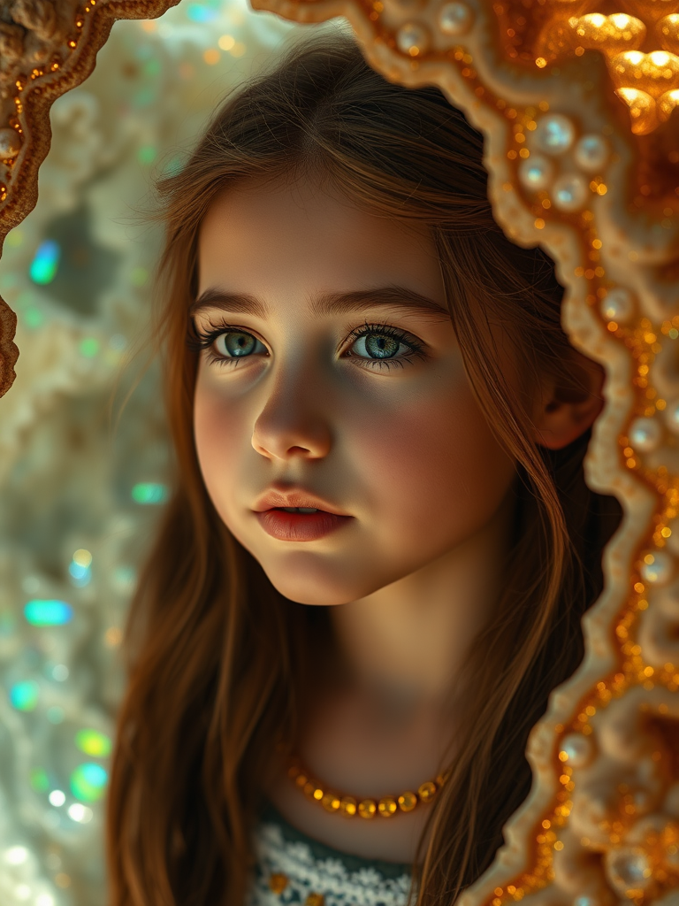 young girl, high quality photo, intricate environment, ultra-detailed, impressionistic, dynamic composition, artistic photograph, geode, alabaster, gold, fractal, brilliant colors, glittering, sunlight, illumination, transparency, translucent, opal