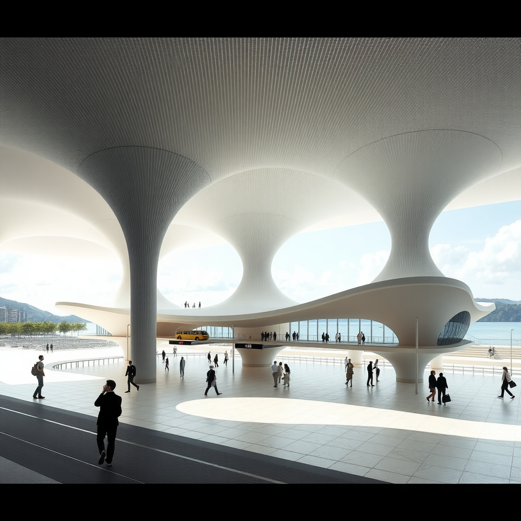 Concept design of a bus terminal inspired by Sendai Mediatheque  
Architect: Toyo Ito with stilt floor and staggered flooring with 2 storey structure bus terminal should be open, fluid, public space with commercial space the bus terminal has a beach on the west side. architecture structural form