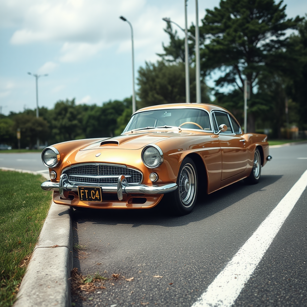 metallic shine classic car is parked on the side of the road, inspired by Taiyō Matsumoto, tumblr, restomod, nd4, c4