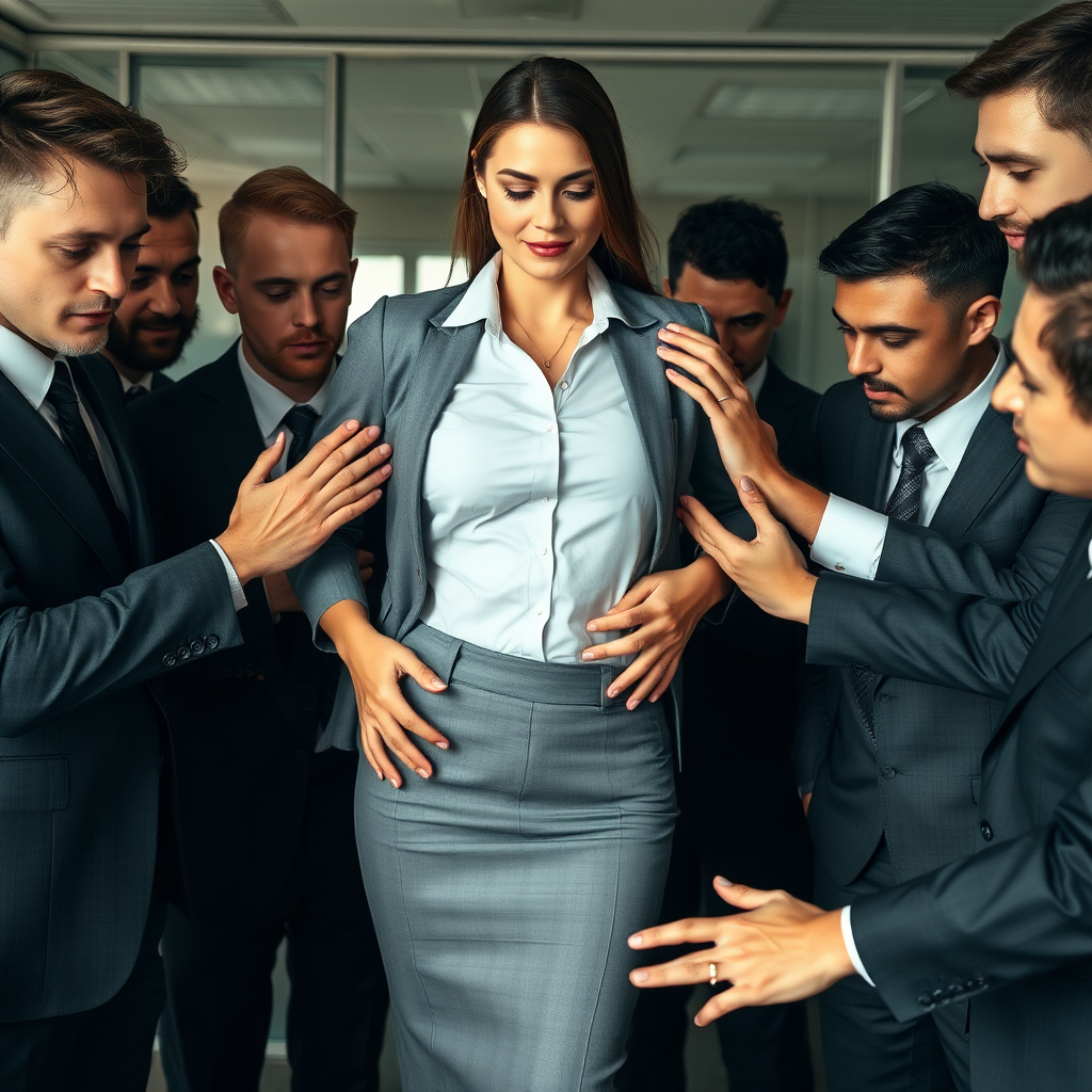 a business woman in the office, her many male colleagues are surrounding her, touching her all over her body