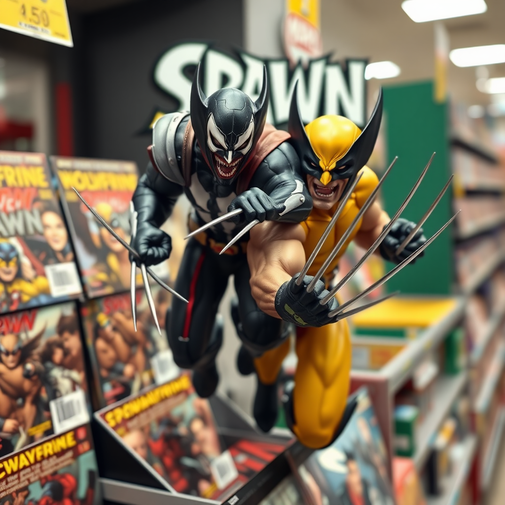 Jumping out of a Comic book cover on a store shelf is Spawn and Wolverine with his perfectly razor sharp claws in Cinematic Real3D photo-realistic quality.