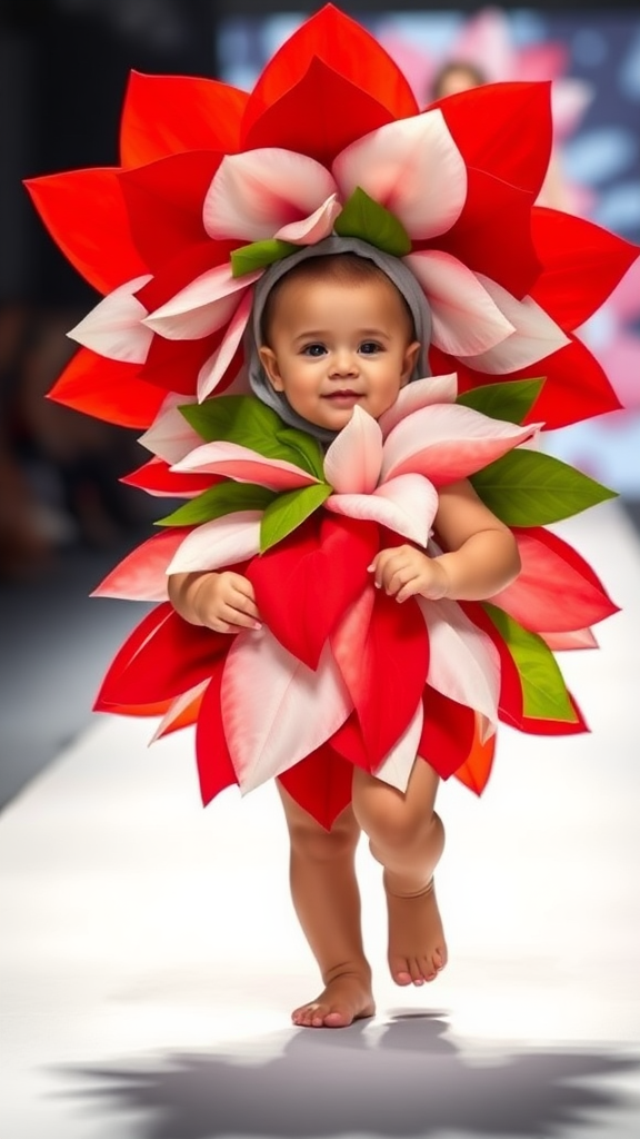 A cute baby dressed in an elaborate flower costume, walking confidently down a runway. The costume features large red and white flower petals surrounding the baby's head and body, with green leaves accentuating the design. The vibrant red petals contrast beautifully with the white ones, creating a striking floral arrangement. The baby is barefoot and smiling, with a soft light illuminating the scene, while the background remains blurred, adding focus to the colorful flower-inspired outfit. The atmosphere is playful, magical, and full of life, with detailed textures on the petals and leaves.