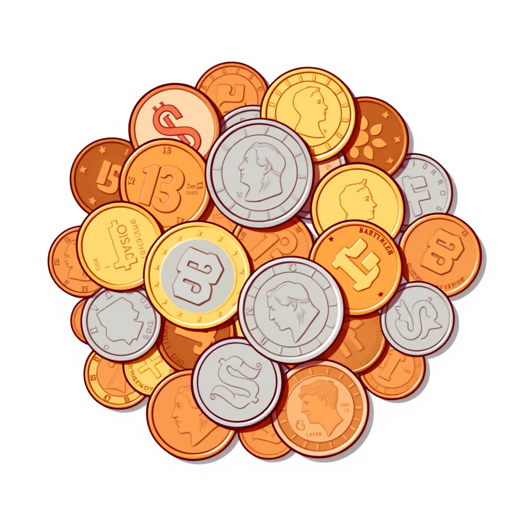 Create a stylized, illustrated or vector art stock image depicting an assortment of various coins. The image should feature a diverse collection of coin designs and denominations, without showcasing any specific national currency. Arrange the coins in an aesthetically pleasing, minimalist composition with a clean background. Give the image an illustrated or vector art style, rather than a photorealistic appearance. The final result should have the look and feel of a professional, commercial stock illustration.