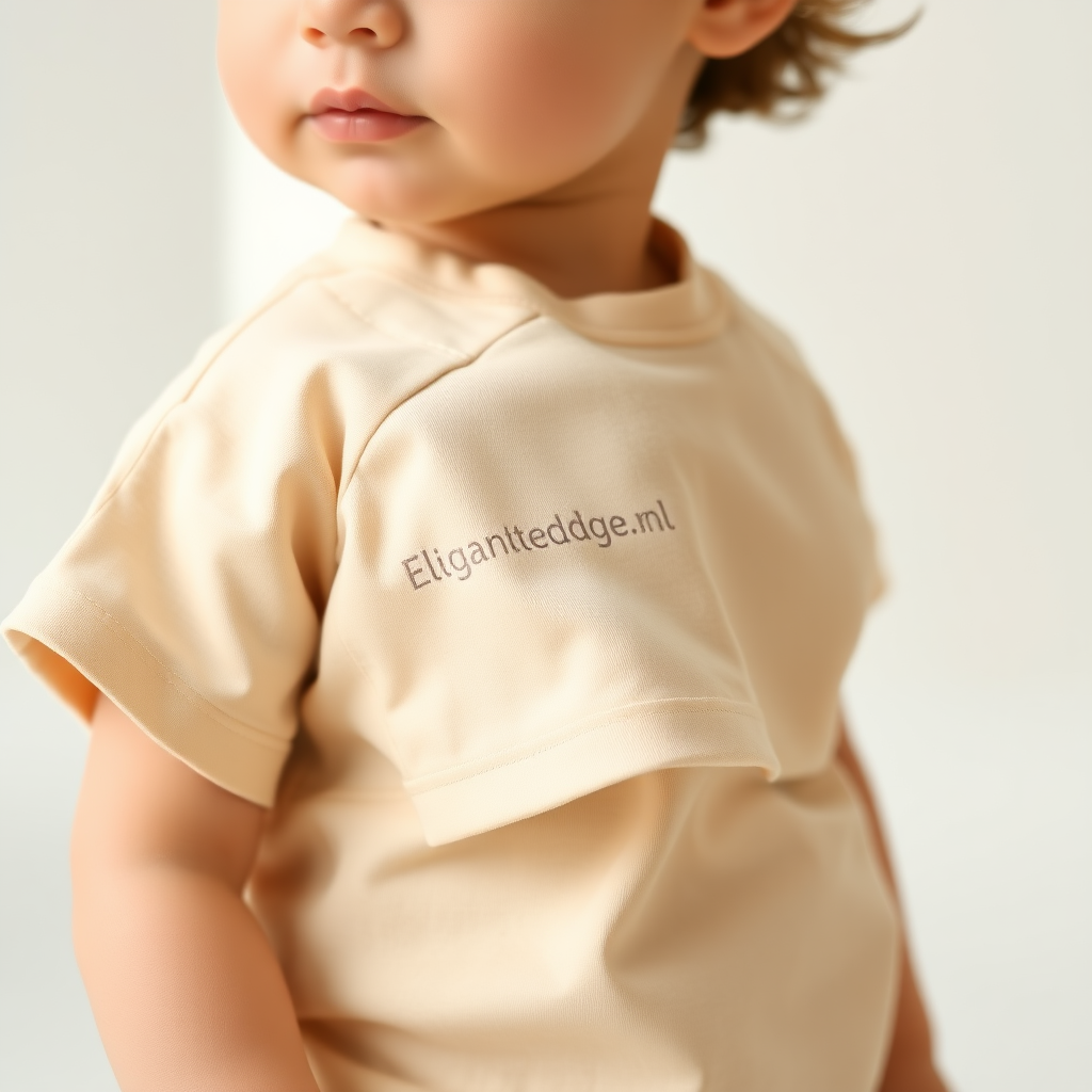 Baby T-Shirt: Model a tiny t-shirt with a relaxed, comfortable fit, highlighting soft, breathable fabric. The Elegantedge.nl name should be subtly embossed on the sleeve or collar, reflecting the brand’s minimalist and premium style. Keep the design simple with soft, calming tones suitable for babies and toddlers.