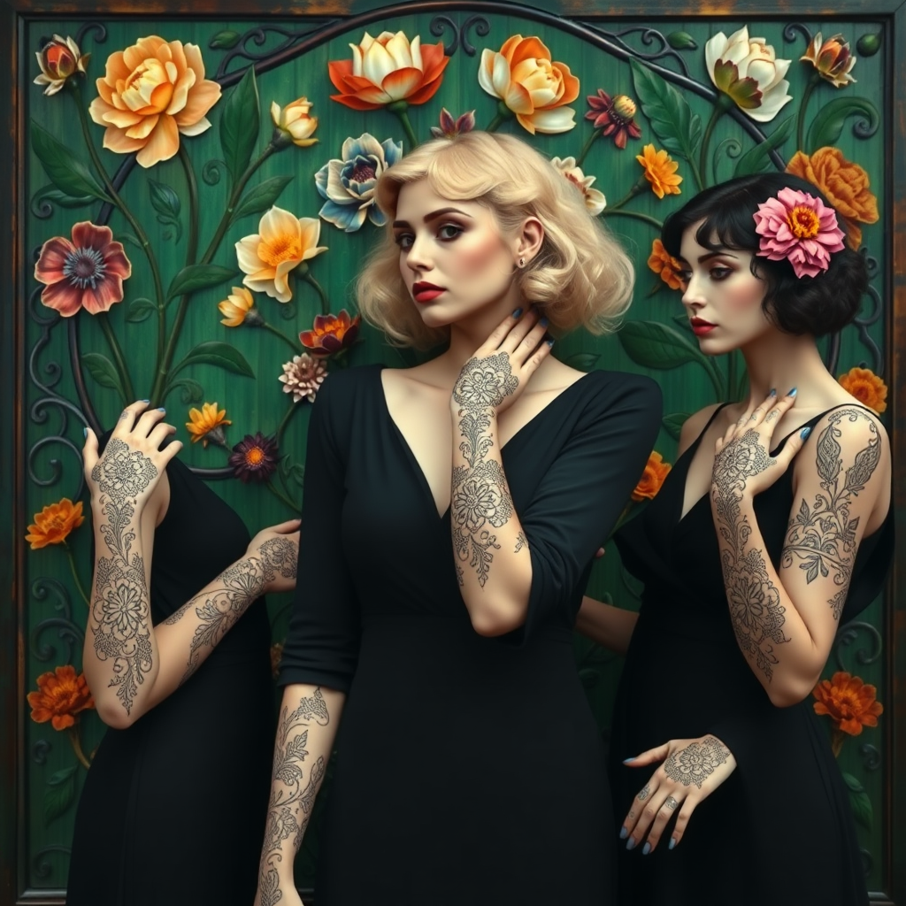 Promt by picture with: In the Max Klimt style. Women (one is blonde and two are black-haired) with filigree henna tattoos on their hands and arms stand in front of an Art Nouveau relief with colorful flowers painted on a green background. They have very, very white skin. The hairstyles are also in Art Nouveau.