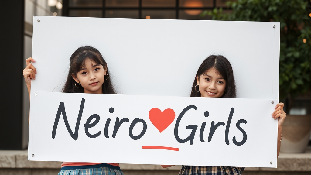 2 girls 25 at the edges to hold a sign with the inscription Neiro_Girls, beautiful girls, cute