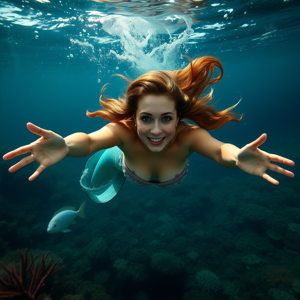 Sookie Stackhouse as a mermaid. She's diving down towards the viewer of the image, arms outstretched. The sea is deep and mysterious and filled with a myriad of ocean life plants, fish, and other aquatic life. Super HD DSLR Amazing Resolution Photograph