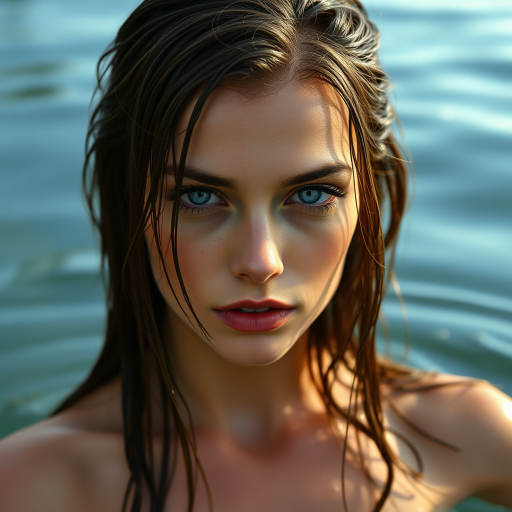 a young european woman just coming out of a lake. she has long brunette wet hair and pale blue eyes. she is topless. seductive look. photo