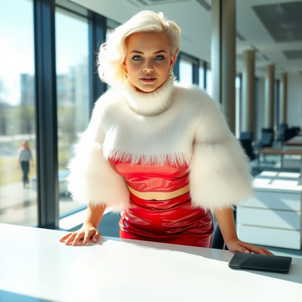 Sunny spring morning, modern glass-steel-concrete office, standing behind desk: Nina, 17 years old very convincing femboy, tamed servile docile, very beautiful feminine flawless face, rather short, by hormones very curvaceous womanly figured, platinum blond short tight curls, French nails, no makeup, wearing Supertanya-style fluffy very fuzzy bright white angora turtleneck-poncho cropped ending under bust, very tight bright red vinyl midi pencil skirt, purple shiny vinyl pumps with golden high heels, white pearl belly piercing, gold earrings, leaning forward elbows on desktop presenting her assets, seductively looking at camera. Focus on face and turtleneck-poncho.