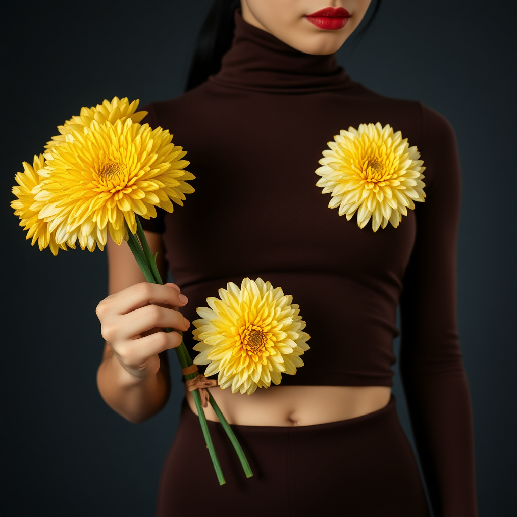 A slim girl in dark brown turtleneck crop top and dark brown body-tight skirt, yellow white chrysanthemum flowers in hand, close-up shot, slim model face,