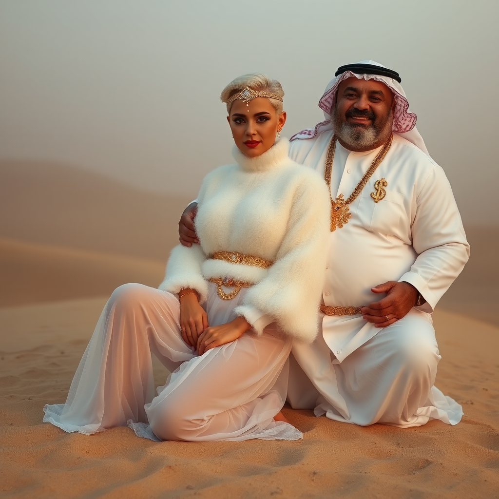 Kuwait desert dunes misty dawn: Melissa, European 17 years old very convincing femboy “trophy-bimbo”, tamed servile docile, very beautiful feminine flawless face, rather short boyish figure, platinum blond short tight curls, bold red lips, heavily made-up face, wearing Supertanya-style fluffy very fuzzy bright white angora turtleneck-poncho cropped ending under bust decorated with pearls and gemstones, striking oriental wide gold bridal protection belt, white fully transparent harem pants, full Oriental bridal jewelry with striking headpiece, full Oriental face-jewelry, striking diamond “$$$” letter brooch on left chest, pout frustrated, hands tied behind back, kneeling in sand, looking at camera. Focus on face and turtleneck-poncho. Sitting next embracing Melissa: older overweight mighty sheik laughing.