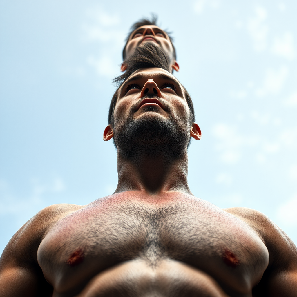 photorealistic, ultra high resolution, 16K, Naked male, strong, muscular, hairy body. view from below