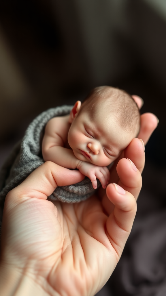 A cute mini little tiny miniature baby sleeping on hand