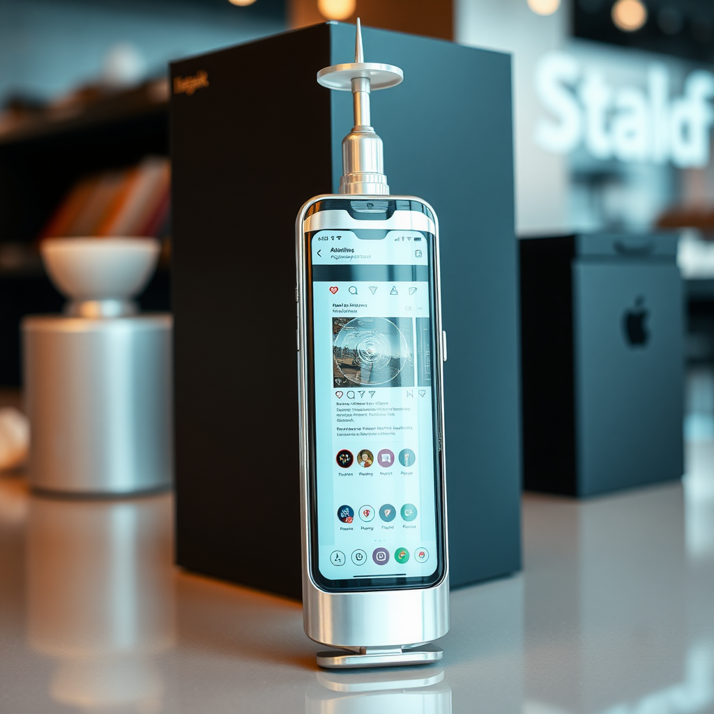 A close-up straight front view of a mobile phone in the shape inspired by a syringe, metallic futuristic, kept for sale leaning against a box, in a showroom, metallic body, touchscreen phone with Instagram page open on screen, needle on top, whitepunk.