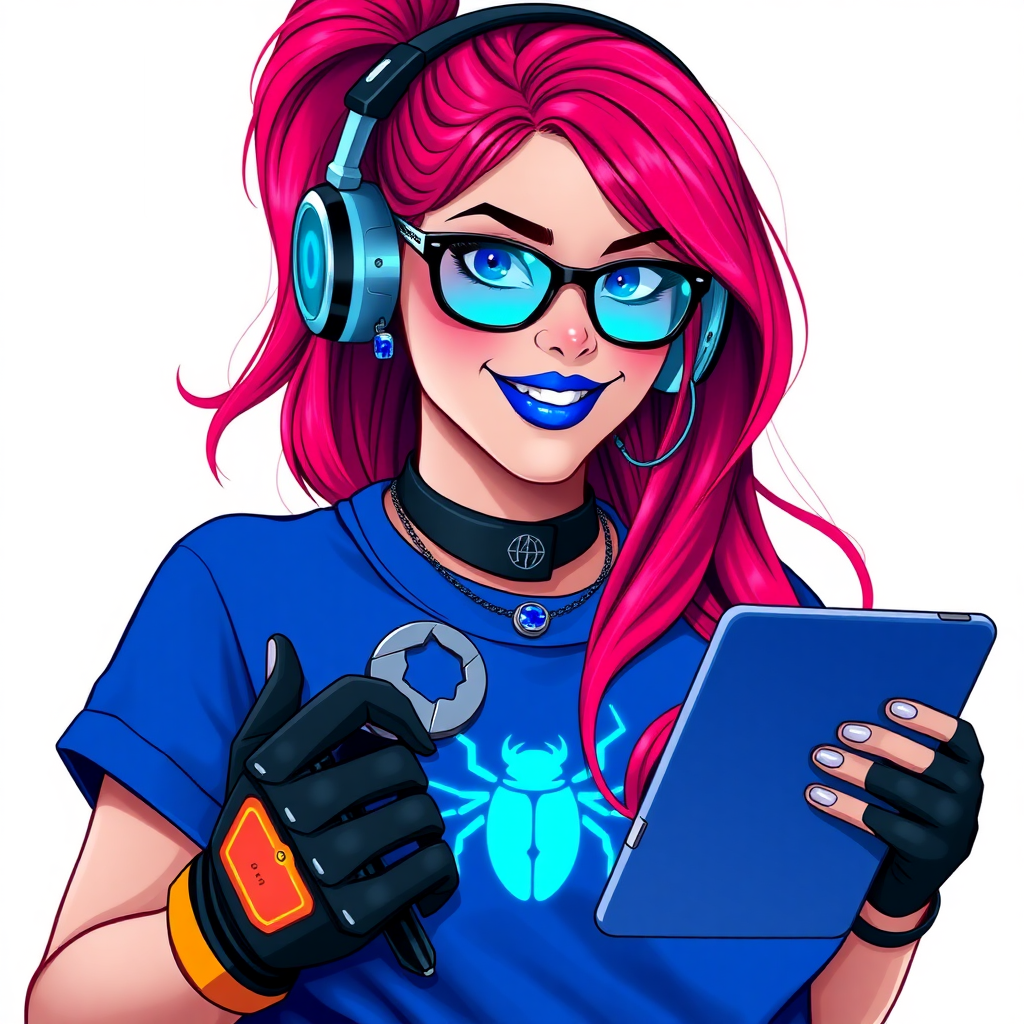 An intelligent and tech-savvy 29-year-old computer hacker and tech genius. She has a long ruby red ponytail. She wears maximum blue lipstick, blue eyes, a sapphire beetle gemstone necklace, sapphire earrings, black eyeglasses, hi-tech power gloves, and an oversized maximum blue t-shirt featuring a neon blue glowing beetle chest icon. She has a gargantuan full-figured physique with a prominent round gargantuan midsection, reflecting her well-cared-for lifestyle. She sports a sapphire headset with a hi-tech maximum turquoise lensed HUD, and a beaming smile accentuated by a passionate neon red blush. She serves as his tech expert from his hideout, holding a futuristic tool wrench and a futuristic digital tablet. The background is solid white. She is drawn as if she was in a retro 2D cyberpunk fighting game.