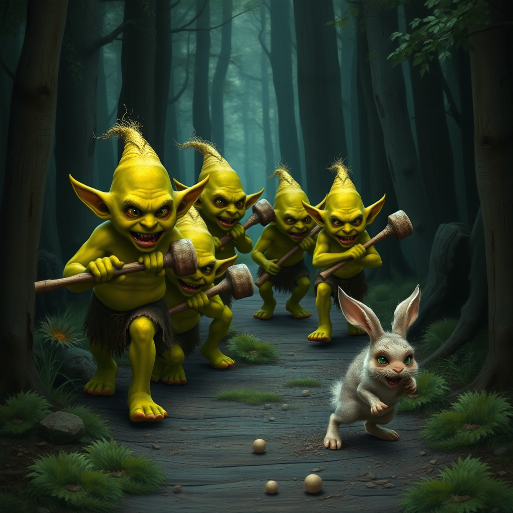 A realistic picture of several greenish yellow goblins of different sizes and looks with wooden clubs looking at and chasing after a fleeing bunny along a forest path.