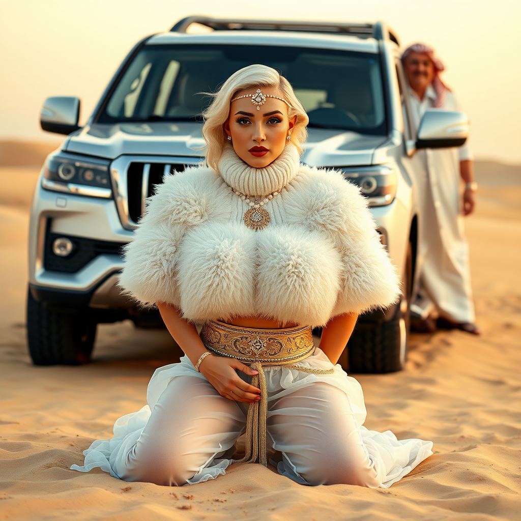 Kuwait desert dunes misty dawn, full size luxury SUV: Melissa, European 17 years old very convincing femboy “trophy-bimbo”, tamed servile docile, very beautiful feminine flawless face, rather short, by hormones very curvaceous womanly figured, platinum blond short tight curls, bold red lips, heavily made-up face, wearing Supertanya-style fluffy very fuzzy bright white angora turtleneck-poncho cropped ending under bust decorated with pearls and gemstones, striking oriental wide gold bridal protection belt, white fully transparent harem pants, full Oriental bridal jewelry with striking headpiece, full Oriental face-jewelry, striking diamond “$$$” letter brooch on left chest, pout frustrated, hands tied behind back, kneeling in sand in front of SUV, looking at camera. Focus on face and turtleneck-poncho. Standing behind leaning against SUV: older overweight mighty sheik laughing taking pictures with mobile phone.