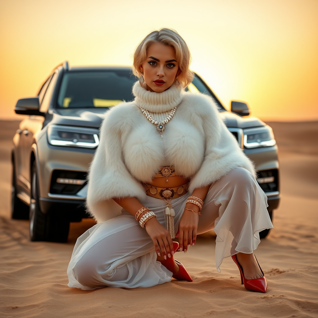 Kuwait desert dunes misty dawn, full size luxury SUV: Melissa, European 17 years old very convincing femboy “trophy-bimbo”, tamed servile docile, very beautiful feminine flawless face, rather short, by hormones very curvaceous womanly figured, platinum blond short tight curls, bold red lips, long white French nails, heavily made-up face, wearing Supertanya-style fluffy very fuzzy bright white angora turtleneck-poncho cropped ending under bust decorated with pearls and glass stones, striking oriental wide gold bridal protection belt, white fully transparent harem pants, bright red pumps with golden very high heels, full Oriental bridal jewelry including headpiece, nose-ring, coin wristlets, coin anklets, striking diamond “Bimbo” letter brooch on left chest, thick heavy pearl wristlets, pearl anklets, pout frustrated, kneeling in sand in front of SUV, looking at camera. Focus on face and turtleneck-poncho.