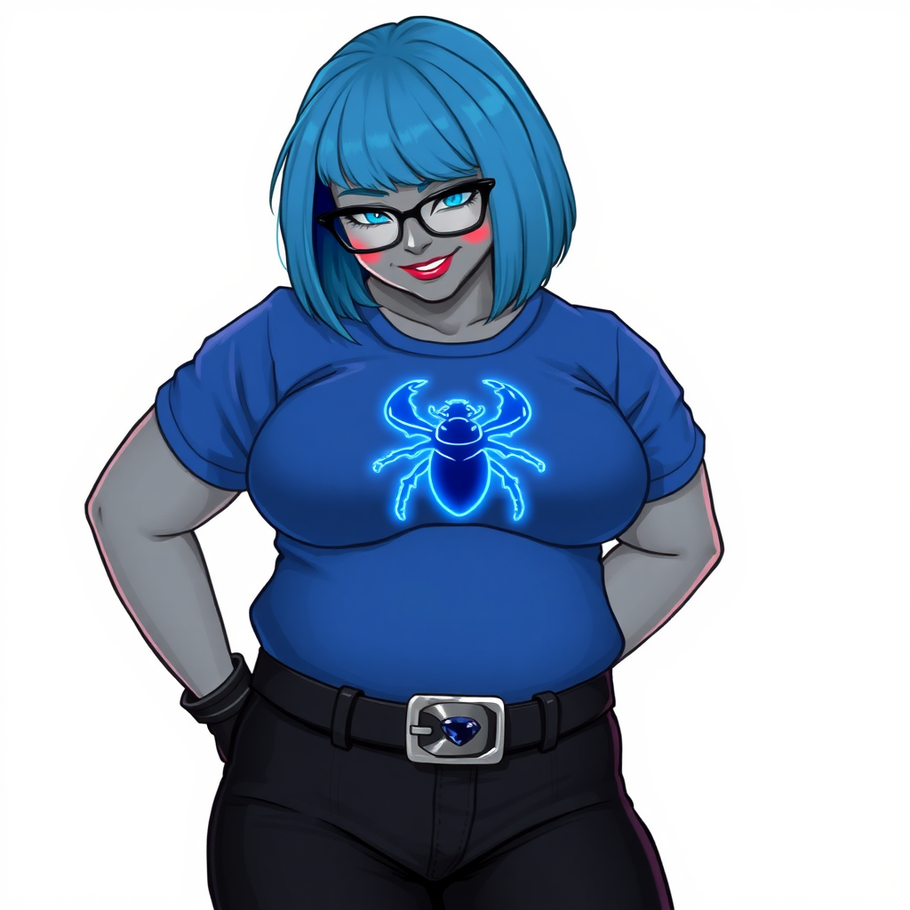 A 28-year-old, full-figured, metallic middle gray skinned computer program hybrid with a maximum blue bob cut. She has a non-athletic build, highlighted by a prominent, round midsection (with a focus on her belly). As a digital sidekick and computer hacker to her cyberpunk vigilante boyfriend, her middle gray metallic skin and maximum blue lipstick emphasize her digital nature. She wears a tight-fitting, maximum blue t-shirt (accentuating her belly) with a neon blue glowing chest icon of a beetle, black pants, a black belt with a sapphire scarab buckle, and black gloves. Her bright blue eyes, black eyeglasses, and shy smile with neon red blush accentuate her nerdiness. She bashfully bows her head with her hands behind her back, her t-shirt covering her midsection (especially her belly) and emphasizing her full-figured, non-athletic physique. She is on a solid white background. She is drawn as if she was in a retro 2D cyberpunk fighting game. She is clearly non-athletic, with a focus on her full figure. Make sure her t-shirt covers her midsection (especially her belly).