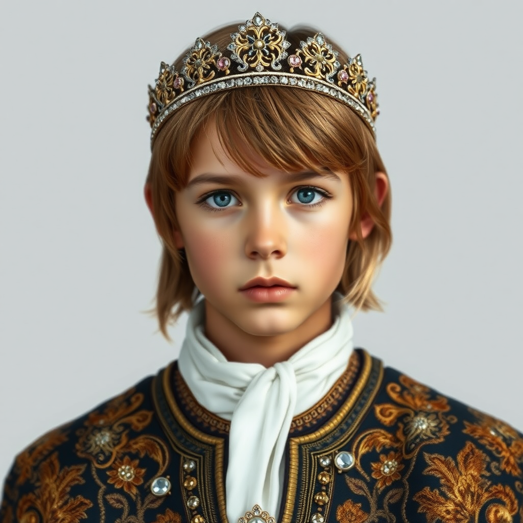 16yo teen boy prince, long bob cut, embroidered with gold and diamonds medieval cloths, diamond diadem. photorealistic, ultra high resolution, 16K,