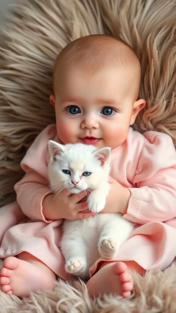 A cute small chubby fair baby big eyes pink lips pink cheeks wearing a light pink frock sitting a furry rug holding a white cute cat