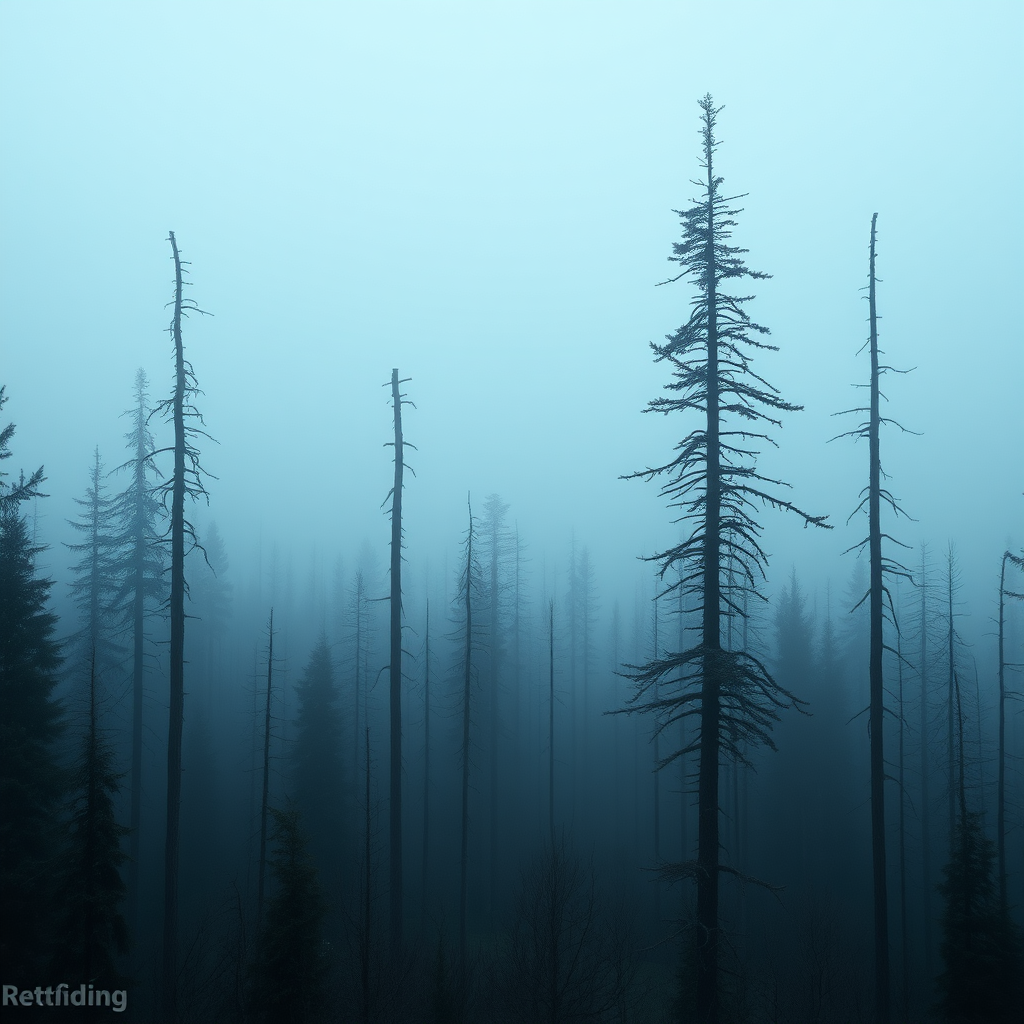 a photo of a foggy forest, by Kristian Zahrtmann, broken forests, eerie color, black fir, forest on the horizon, alien trees, destroyed forest, merging with tree in a forest, crescent moon, forested, barren, danila tkachenko, tall trees