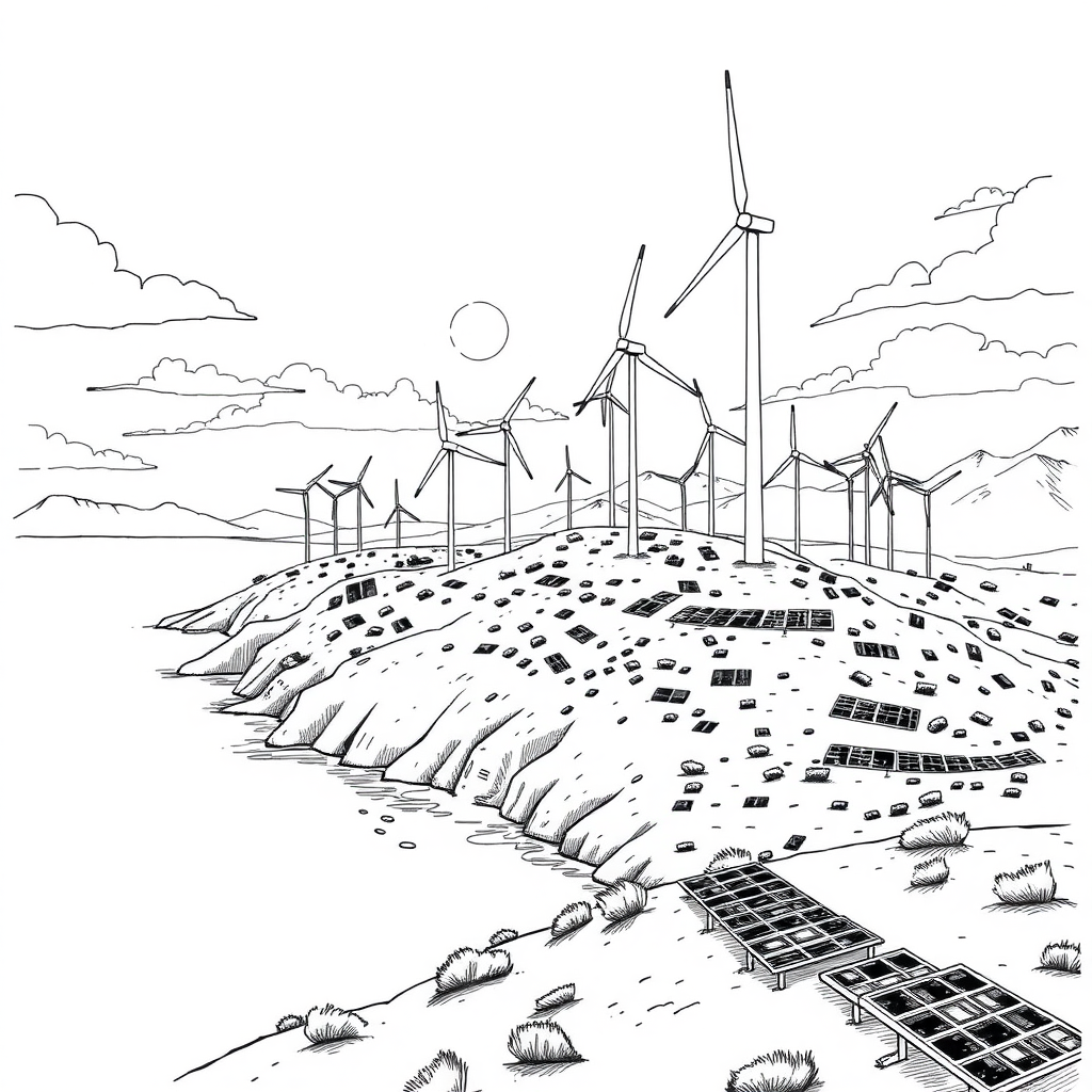 Create a comic drawing of Sardinia being overwhelmed by huge wind turbines and solar panels. The style is minimalist with only black ink.