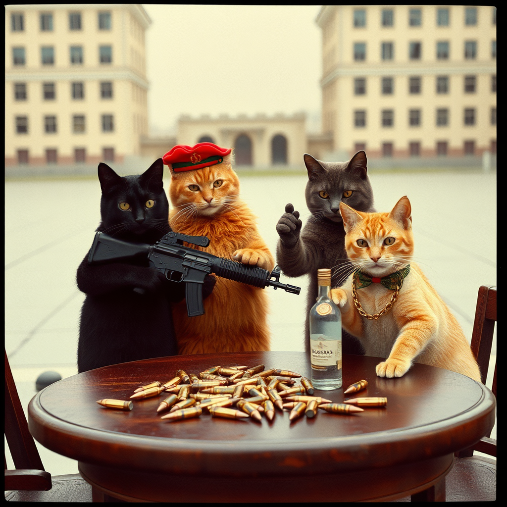 4 cat-men in a large square, a black one holding an AK-47, an orange one with a Russian military cap, a dark brown and a light brown, Soviet Communist with vodka, around a table with bullet casings on it (film photography style)