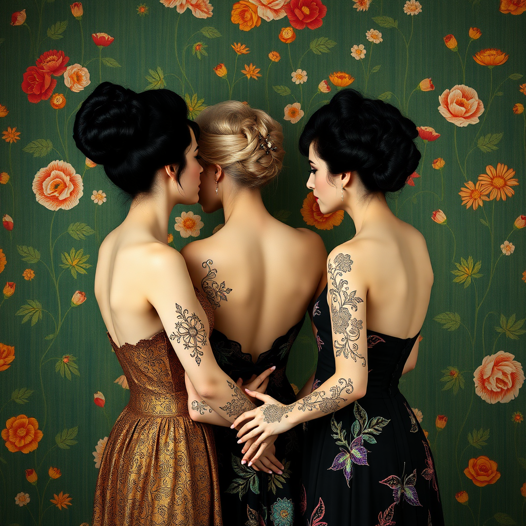 Prompt by picture with: In the Max Klimt style. Women (one is blonde and two are black-haired) with filigree henna tattoos on their hands and arms stand in front of an Art Nouveau wallpaper with many small colorful flowers painted on a green background. They stand in a circle and hold each other's hands. They have very, very white skin. The hairstyles are updo hairstyles in Art Nouveau.